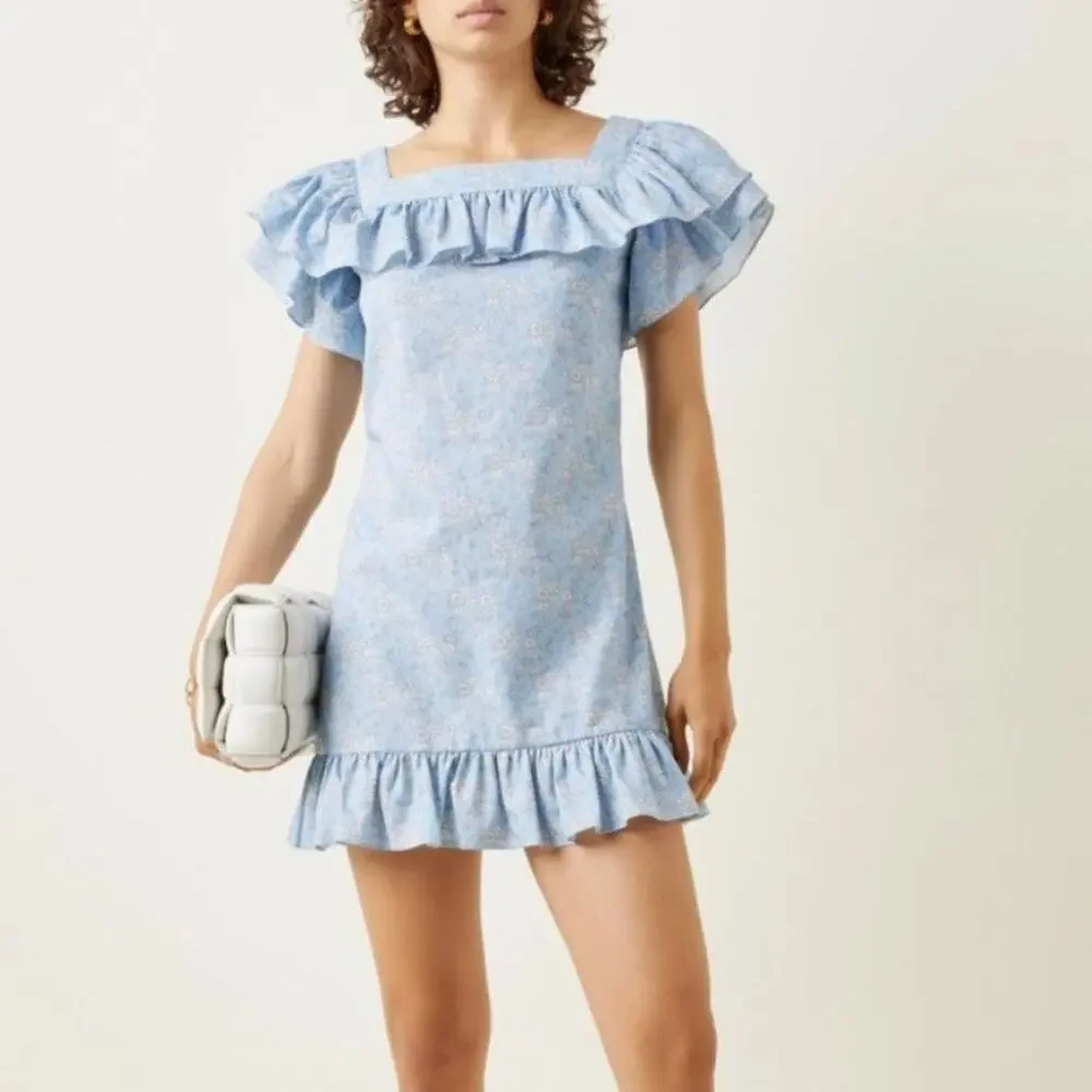 THE VAMPIRES WIFE The Cry Baby Ruffle Dress Womens US 14 Blue Floral Print Mini - Picture 3 of 15